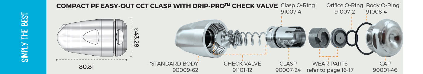 Compact Push Fit Easy-Out CCT Clasp Standard Body Short Cap Spray Dry Nozzle with Check Valve